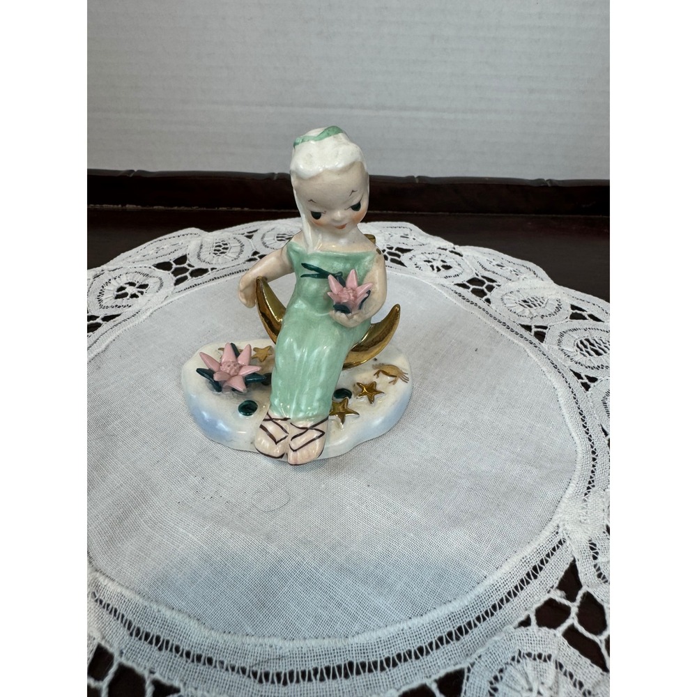 Vintage Napco Cancer Zodiac Angel Figurine Lucky Star S 980 Green 4" Celestial